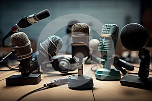 Professional microphones placed in a press room. Created with generative AI technology.