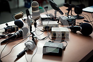 Professional microphones placed in a press room. Created with generative AI technology.