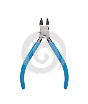 Professional mini side cutters with blue insulated handles for working with thin wire isolated on a white background