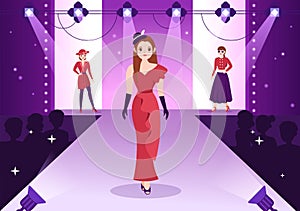 Professional Model Template Hand Drawn Cartoon Flat Illustration with Beautiful Women Models Walking on Podium in Fashion Week