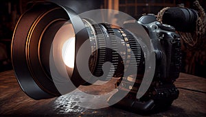 Professional modern DSLR camera low key image - Modern DSLR camera with a very wide aperture lens on