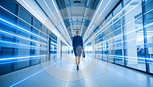 Professional in motion walking through a high-tech corridor