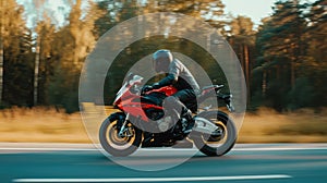 Professional motorbike rider. A motorcycle rides fast on the road. Generative AI. Sport. Copy space for your custom text