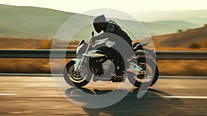 Professional motorbike rider. A motorcycle rides fast on the road. Generative AI. Sport. Copy space for your custom text
