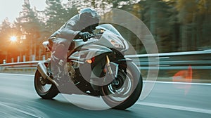 Professional motorbike rider. A motorcycle rides fast on the road. Generative AI. Sport. Copy space for your custom text