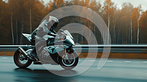 Professional motorbike rider. A motorcycle rides fast on the road. Generative AI. Sport. Copy space for your custom text