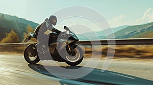 Professional motorbike rider. A motorcycle rides fast on the road. Generative AI. Sport. Copy space for your custom text