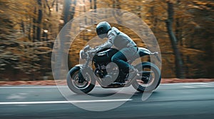 Professional motorbike rider. A motorcycle rides fast on the road. Generative AI. Sport. Copy space for your custom text