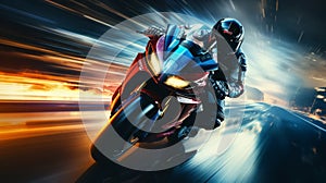 Professional motorcycle racer speeding on neon track at warp speed in captivating motion