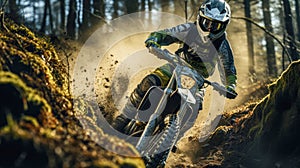 Professional motorcyclist on an enduro motorcycle rides on dirty road in the forest photo