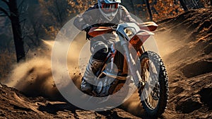 Professional motorcyclist on an enduro motorcycle rides on sandy road in the forest photo
