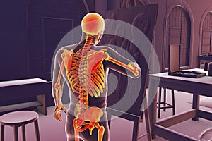 Professional musculoskeletal disorders in artists. Man artist with highlighted skeleton is painting on canvas in studio, 3D