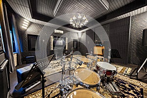 Professional music recording studio with musical instruments
