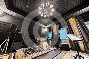 Professional music recording studio with musical instruments