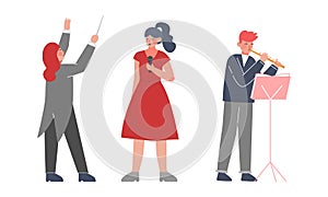 Professional musician, singer and conductor characters performing on stage vector illustration