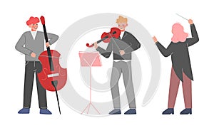 Professional musicians and conductor characters performing on stage vector illustration