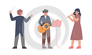 Professional musicians playing guitar and flute musical instruments. Conductor performing on stage vector illustration