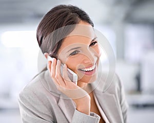 Professional, networking and happy phone call with woman in office with communication of investment. Investor, smile and