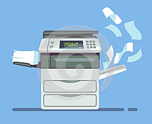 Professional office copier, multifunction printer printing paper documents vector illustration