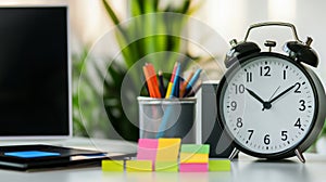 A professional office environment featuring a clock and vibrant sticky notes for time management