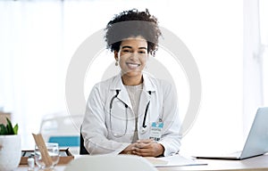 Professional, office and portrait of woman doctor at medical administration desk for medicine information and working