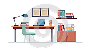Professional Office Workspace with Desk, Computer, and Shelves, vector design Generative AI