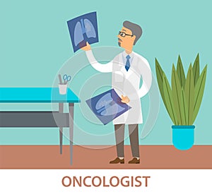 Professional oncologist male character doctor in white coat. Doctor examining a lung radiography