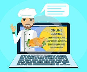 Professional online courses of culinary skills. Chef with dish in hand. Education and training online