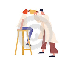 Professional ophthalmologist examining eyes of female with equipment vector flat illustration. Doctor and patient at