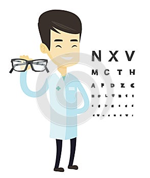 Professional ophthalmologist holding eyeglasses.