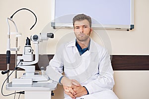 Professional Ophthalmologist Posing with Slit Lamp