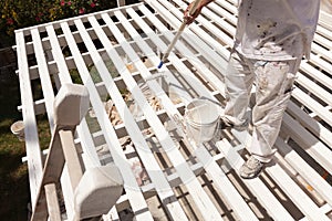 Professional Painter Rolling White Paint Onto The Top of A Home photo