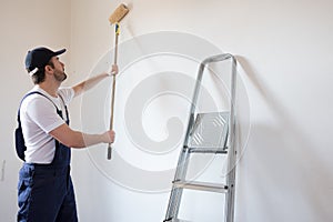 Professional painter worker is painting one wall