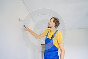 Professional painter worker painting and priming wall with painting roller