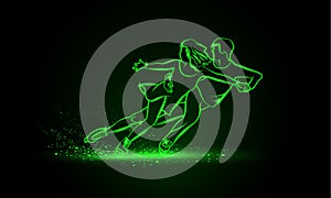 Professional pair figure skating sport. Green linear neon pair figure skating on a black background