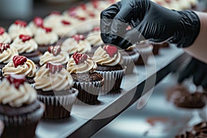 Professional pastry chef hands with black gloves decorating cupcakes with cream cheese cream and small red hearts