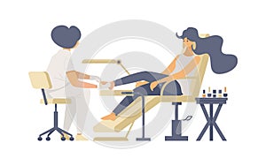 Professional pedicure procedure flat vector illustrations. Female pedicurist and young fashion parlor customer cartoon