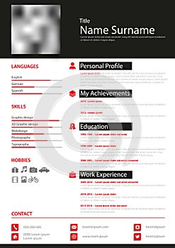 Professional personal resume cv in black white red design