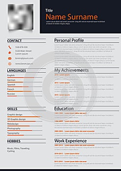 Professional personal resume cv with blue and orange descriptions