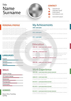 Professional personal resume cv with colored bookmarks on white background