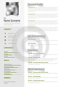 Professional personal resume cv with gray labels and green design