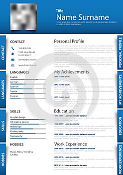 Professional personal resume cv with labels in blue white design