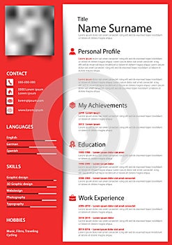 Professional personal resume cv in red white design template