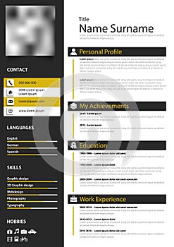 Professional personal resume cv with stripes in black yellow design