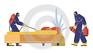 Professional pest control service workers, flat vector illustration isolated on white background.