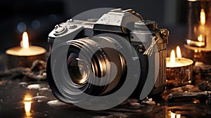 Professional photo camera in studio decor closeup, AI