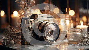 Professional photo camera in studio decor closeup, AI