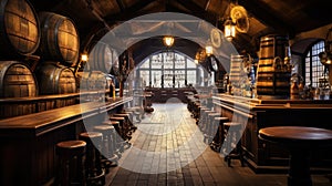 Professional photo of an old beer pub with beer barrels. The atmosphere of a traditional beer pub. Generative AI