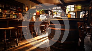 Professional photo of an old beer pub with beer barrels. The atmosphere of a traditional beer pub. Generative AI