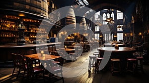 Professional photo of an old beer pub with beer barrels. The atmosphere of a traditional beer pub. Generative AI